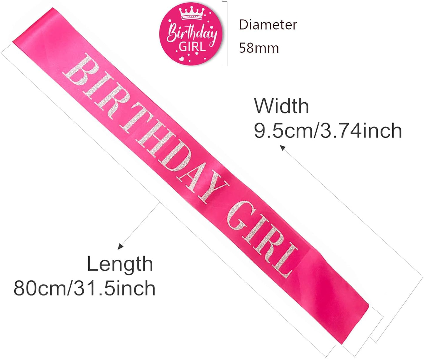 Birthday Girl Sash,Hot Pink Satin with Silver Glitter Letter, Happy 16th,18th,21st,30th 40th 50th 60th 70th 80th or Any Other Birthday Party Supplies,hot Pink Girl
