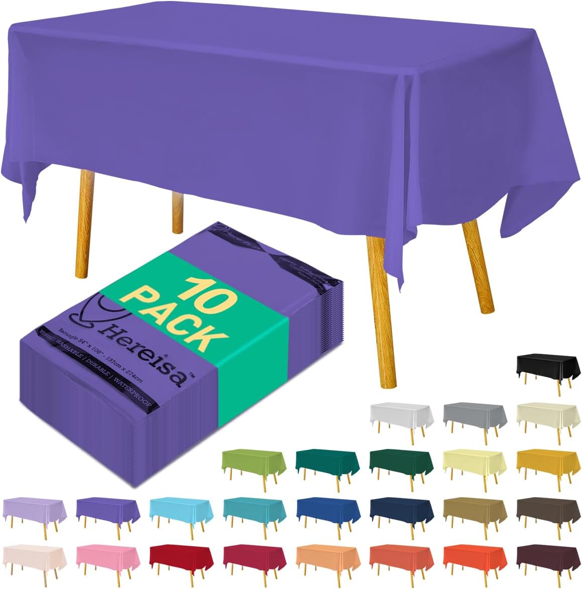 Disposable Purple Plastic Tablecloth 54x108 Inch, 10-Count Waterproof Rectangle Table Cover for Events, Catering