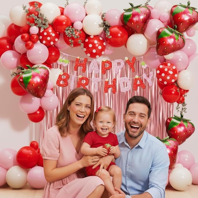 Strawberry Birthday Party Decorations 101pcs, Red Pink Red white Strawberry Balloons with Pink Fringe Curtain Happy Birthday Banner for Sweet Girl Berry First Birthday Baby Shower Party Decor