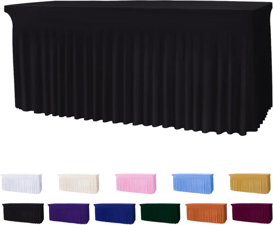 Table Skirts for 6ft Rectangle Tables - 1PCS Black Table Covers for 6 Foot Tables, Wrinkle Resistant Ruffles Elastic Table Cloths and Table Skirt for Banquets/Weddings/Parties/Birthday