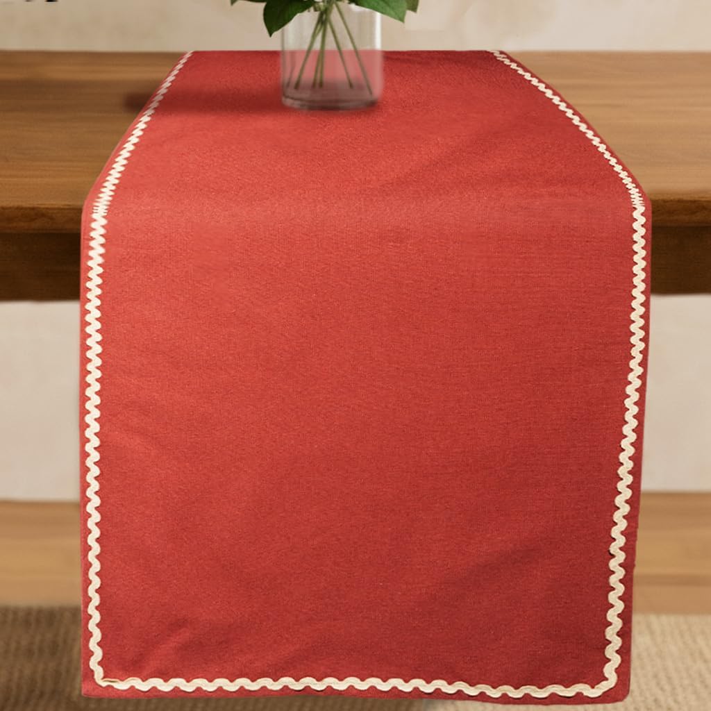 Folkulture Table Runner 90 Inches Long | Rick Rack Embroidered Runner for Home Decor | 100% Cotton Long Table-Runner for Christmas Decor | Rustic Orange & Beige | Wash Friendly