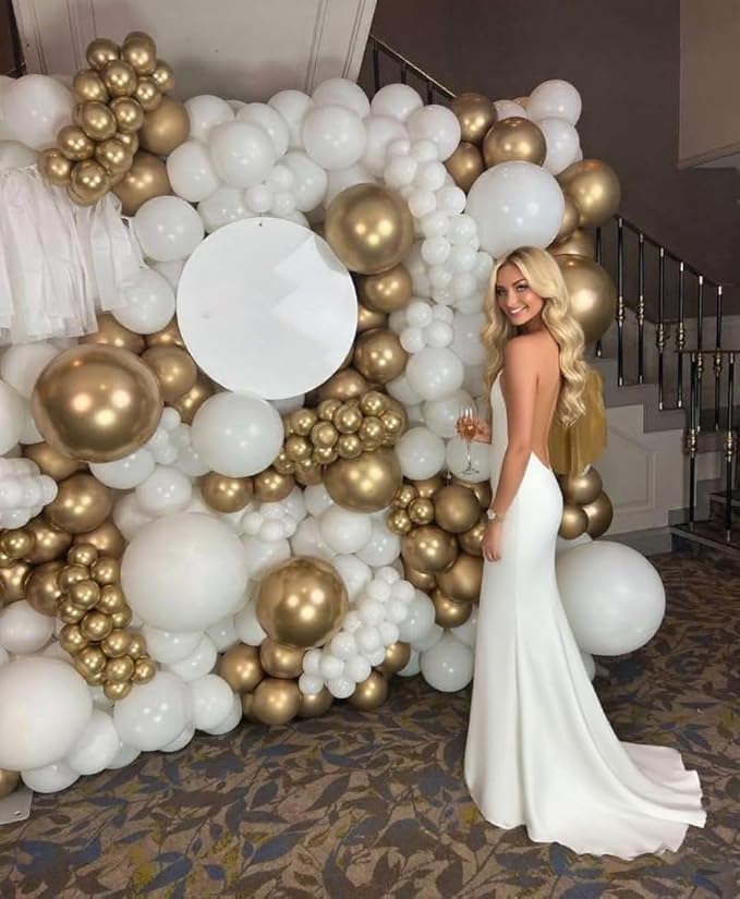 White and Gold Balloon Arch Garland Kit 153pcs with Star, 22 18 12 10 5in Different Size White Metallic Gold Confetti Latex Balloons for Birthday Anniversary Wedding Baby Shower Decoration