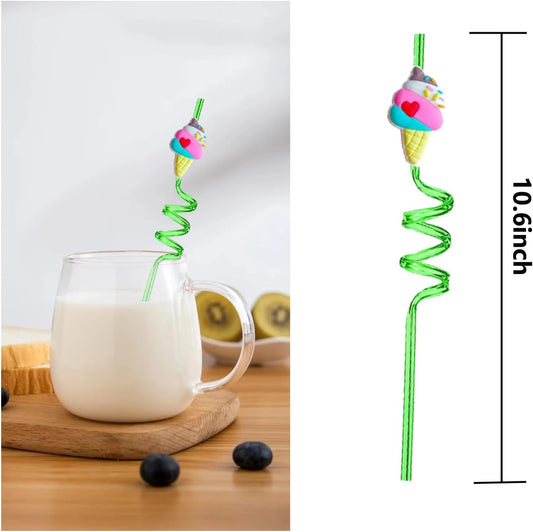 24 PCS Straws for Birthday Party Supplies Ice Cream Drinking Straws with 2 PCS Cleaning Brushes (Ice Cream)