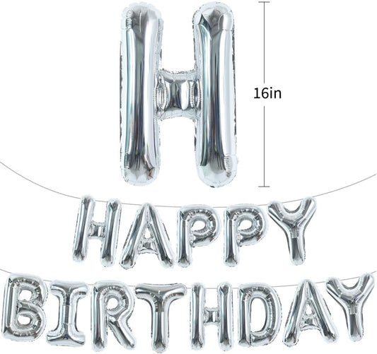 TONIFUL Laser Silver Happy Birthday Balloon Banner 16 Inch Mylar Foil Letters Birthday Sign Bunting Reusable for Girls Boys Kids & Adults Birthday Decorations and Party Supplies