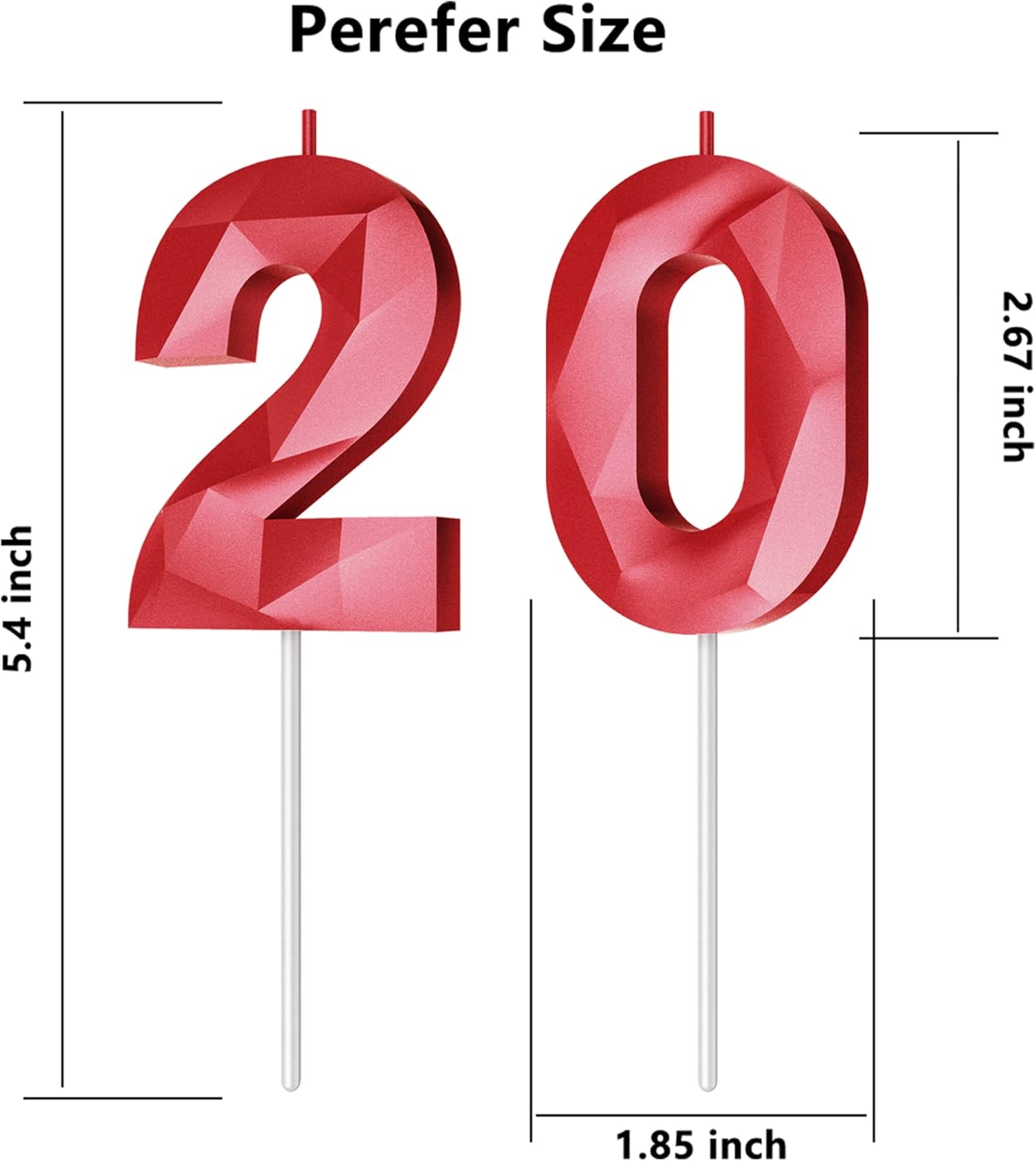 Number Birthday Candles(20 Candle Red) 3D Diamond Shape Number Happy Birthday Cake Candles for Birthday Party Wedding Decoration Reunions Theme Party