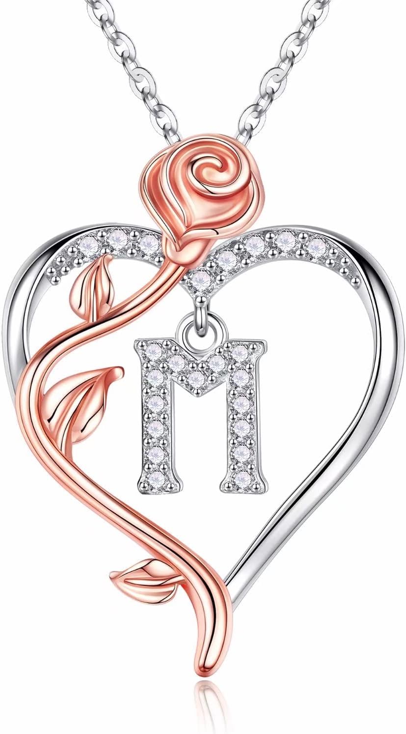 Iefil Rose Heart Necklaces Gifts for Women - 925 Sterling Silver Rose Heart Initial Necklace, Anniversary Birthday Gifts for Women, Jewelry Gift for Her Wife Girlfriend Mom Daughter