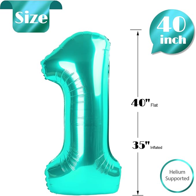 40 Inch Teal Blue 1 Balloon for First Birthday, 1st Number Balloons Birthday Decorations for Girl Kids Toddler Baby, One Giant Number 1 Balloon
