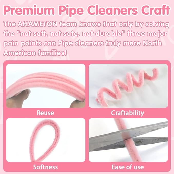 AHAMETON 620-Piece Pink Pipe Cleaner Craft Kit - 6 Pastel Shades Chenille Stems with Floral Wire for DIY Wedding Bouquets, Mother’s Day Gifts & Party Decorations
