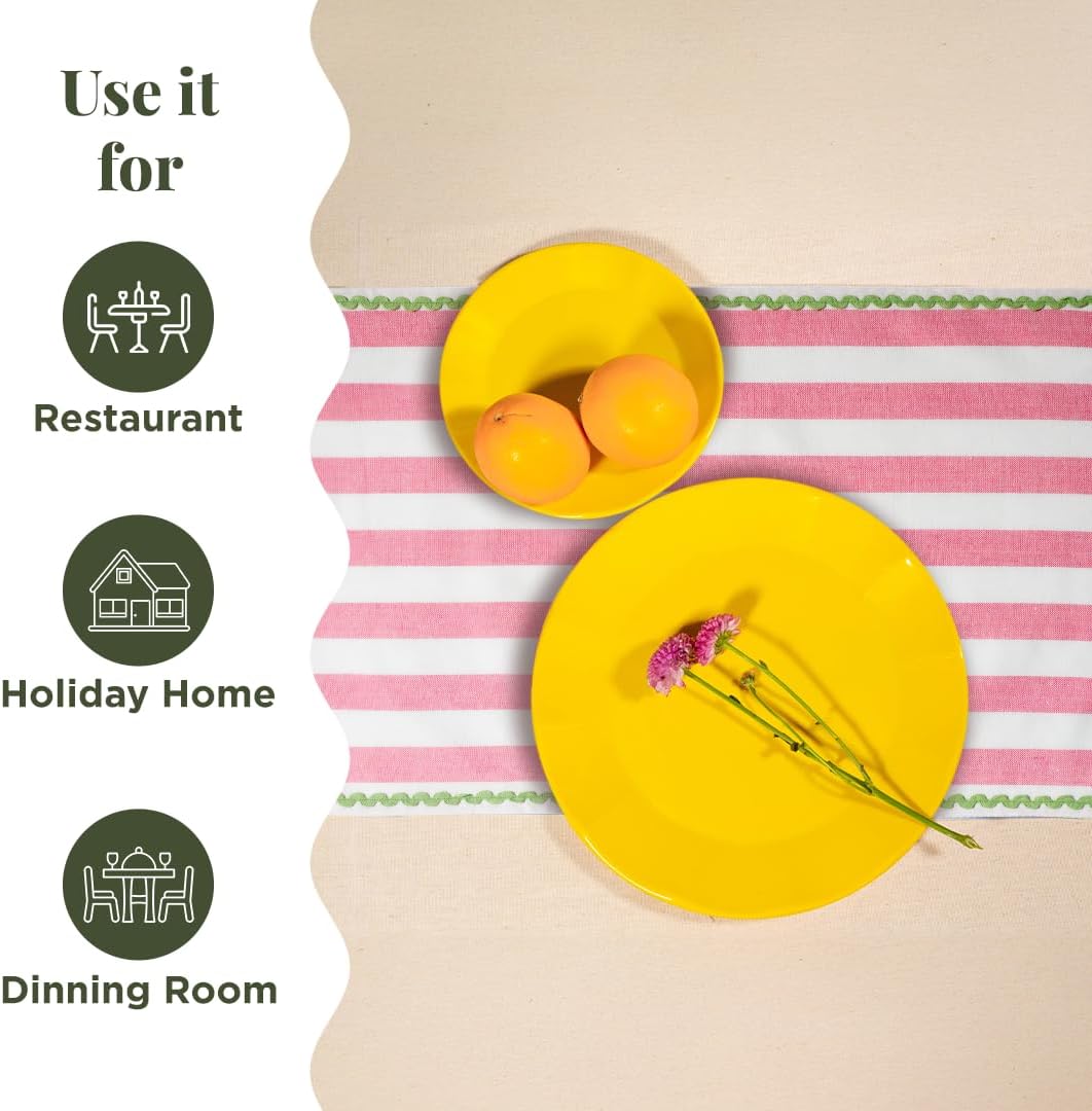 Folkulture Table Runner 72 Inches Long | Rick Rack Embroidered Runner for Home Decor | 100% Cotton Long Table-Runner for Christmas Decor | Pink & Green | Wash Friendly