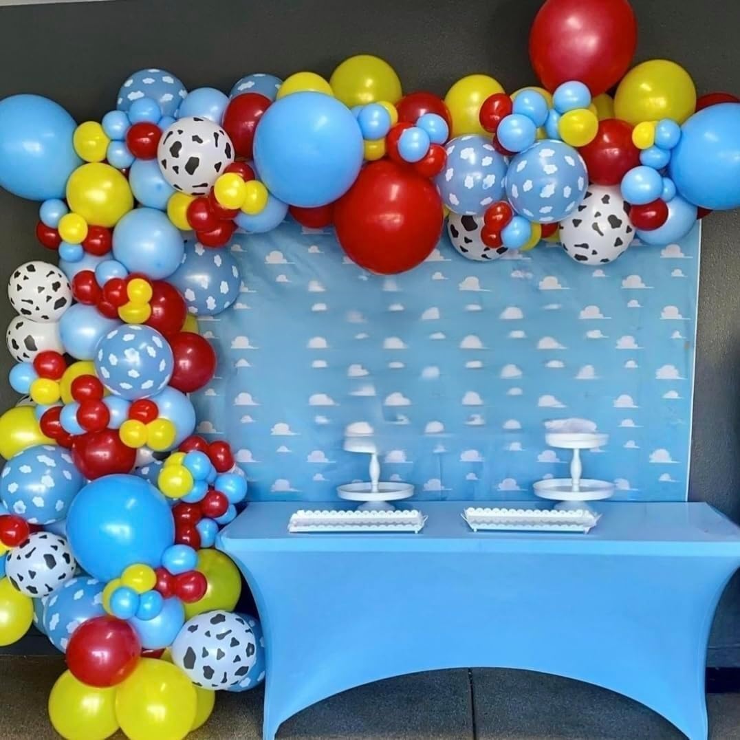 Toy Inspired Story Balloons, 12 Inch Cow Print Sky Blue Cloud Balloons Red Blue Yellow Green Balloons for Kids Boys Birthday Party Farm Themed Halloween Party Decorations