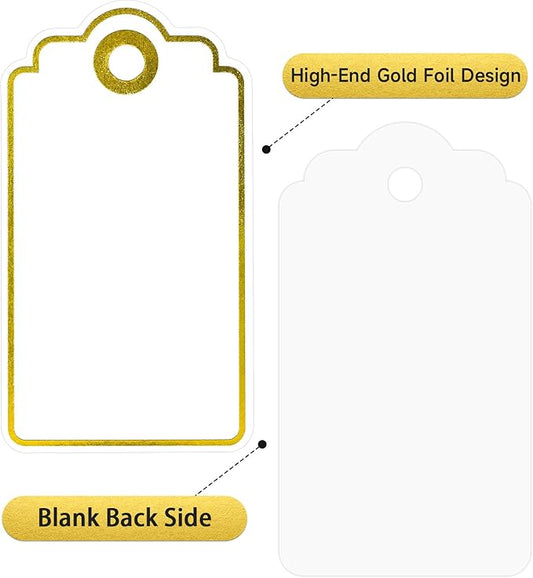Anwyll Gift Tags with String - 100Pcs Gold Foil Metallic Gift Bag Tags Personalized White Blank Hanging Paper Label Tag for Baby Shower Birthday Party Wedding Christmas Favor Present