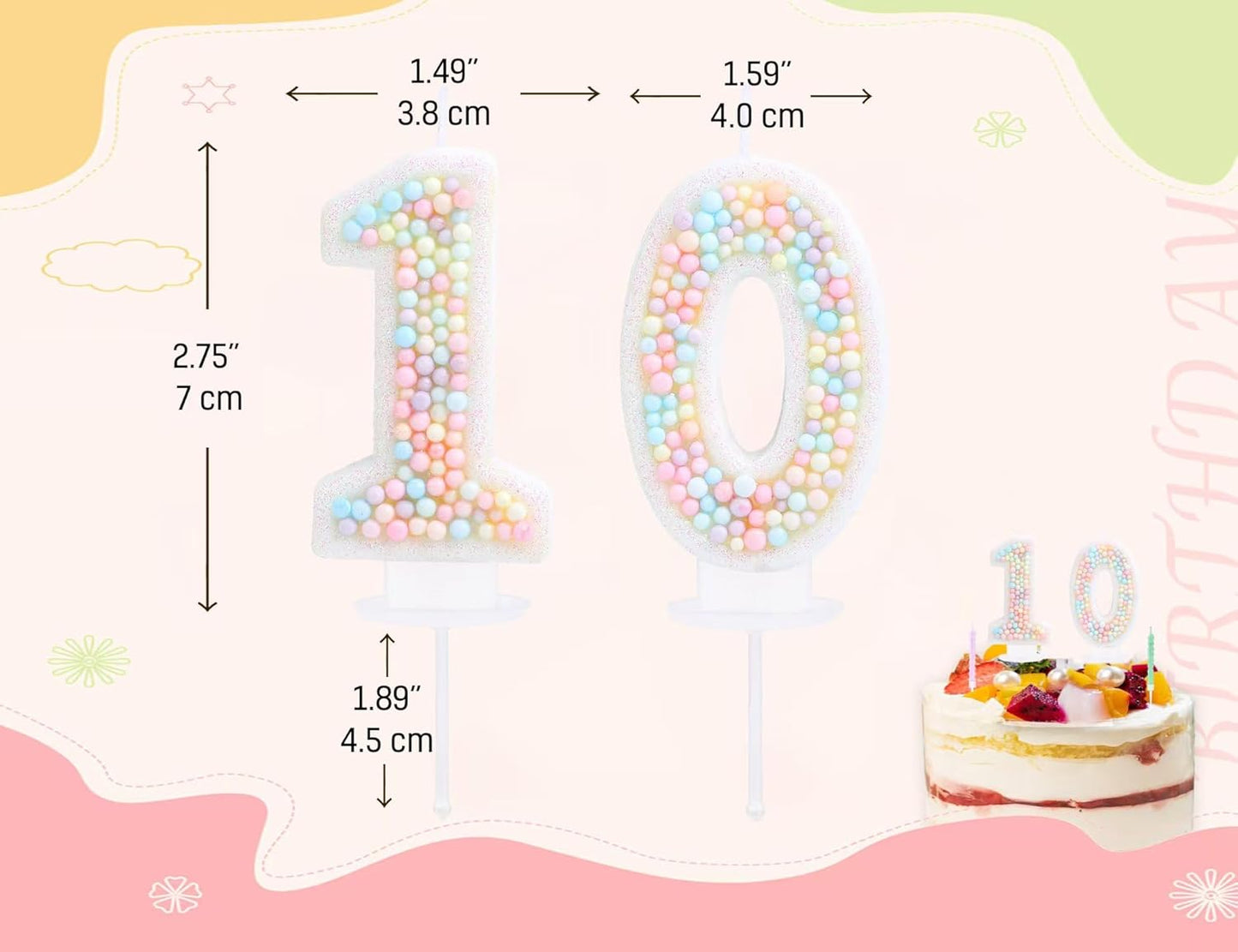 10th Birthday Candle Macaron Glitter 3D Pastel Number 10 Candles for Birthday Cakes Girl Women Sweet Theme Ten Years Old Birthday Wedding Anniversary Party Cake Decoration
