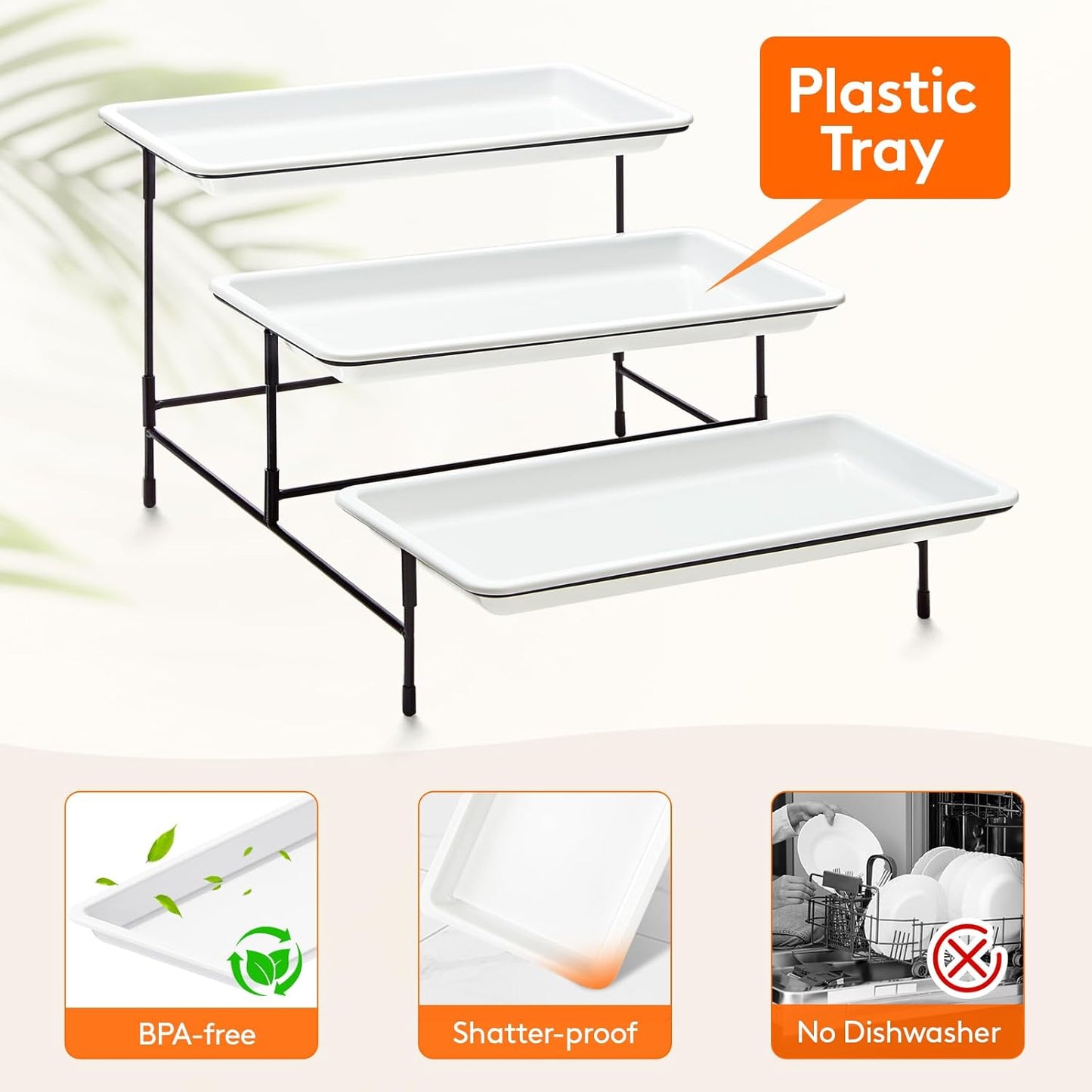 Lifewit 3 Tier Serving Tray, 12" x 6.5" White Plastic Tiered Food Serving Platters, Tiered Tray Stand for Party with Black Collapsible Metal Stand, Dessert Display Stands for Cookies, Crackers