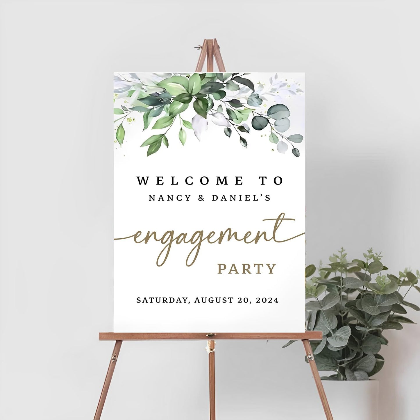 Engagement Welcome Sign, Greenery Style, Full Size, Plastic, 12x18 inches