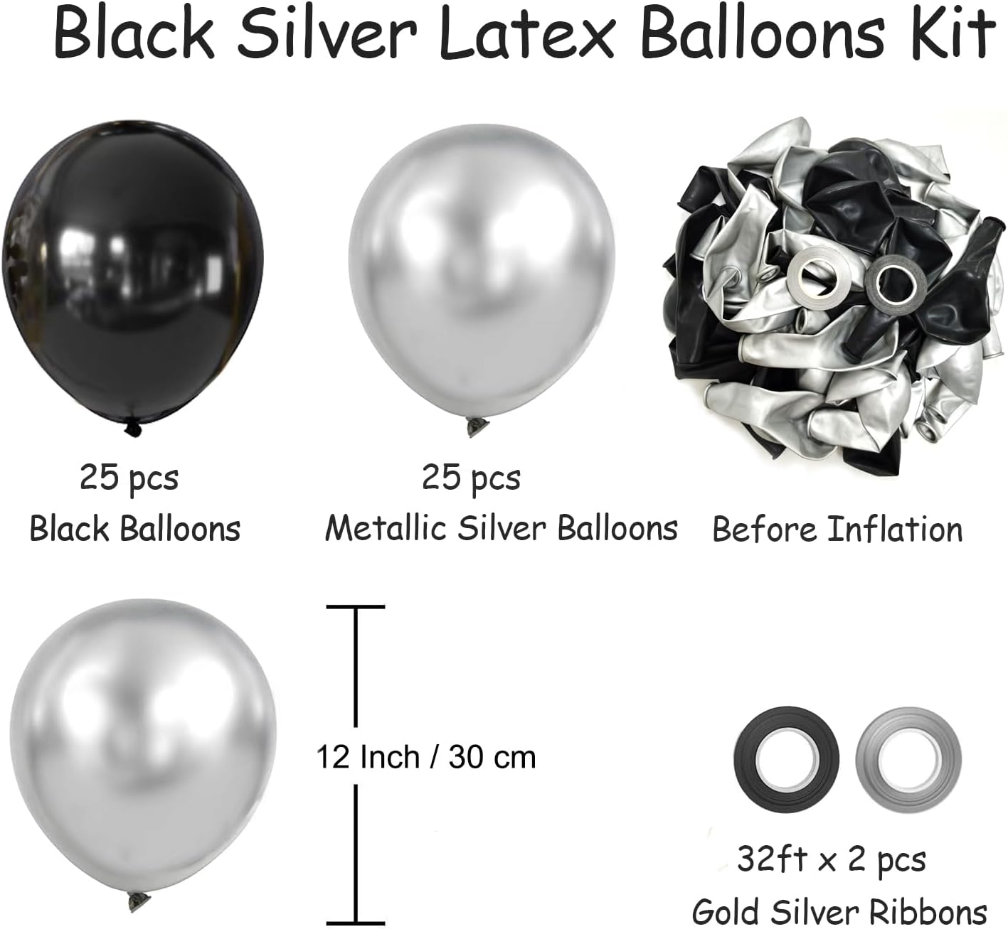Black and Metallic Silver Balloons, 50PCS Black and Silver Balloons Party Decorations 12 Inch Black Silver Party Balloons for Birthday,Graduation,New Years,Wedding,Engagement Party Decorations