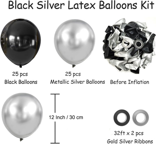 Black and Metallic Silver Balloons, 50PCS Black and Silver Balloons Party Decorations 12 Inch Black Silver Party Balloons for Birthday,Graduation,New Years,Wedding,Engagement Party Decorations