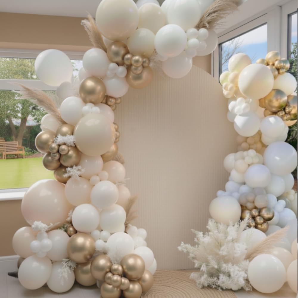 Sand White Gold Balloon Arch Kit, 140Pcs Beige Nude White Balloon with Metallic Gold Balloon Garland Kit for Boho Birthday Wedding Baby Shower Bridal Shower Engagement Prom Party Decorations