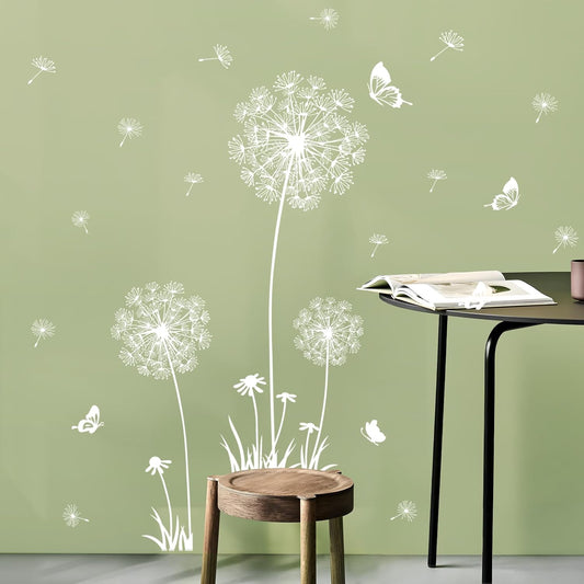 2 Sheets Dandelion Wildflower Wall Decals Art, Wall Stickers Peel and Stick Floral Butterflies Flying Decor for Girls Kids Women Baby Nursery Living Room Bedroom Bathroom Hallway Stairwell (White)