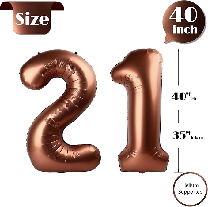 Dark Brown Number 21 Balloon 40 inch, Coffee Brown 21 Number Balloons, 21st Birthday Decorations, Chocolate 21 Year Old Women Men Party Supplies