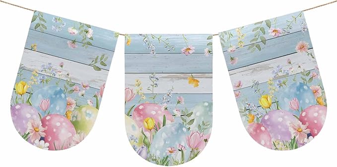 Easter Eggs Banner 3Pcs Indoor Outdoor Hanging Banner Flag Spring Daisy Eucalyptus Leaves Light Blue Wood Sign for Fireplace Mantel Decorative Bunting Garland Valance for Shop Door Decor 7.9"x11.8"