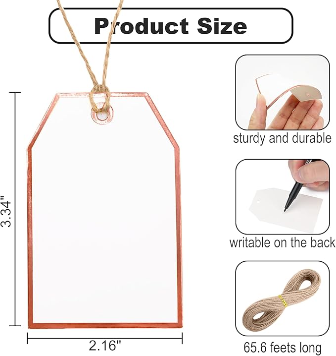 ASYEHJNR 100Pcs Blank Gift Tags with String Attached Foil Rose Gold Frame Large White Paper Gift Tags Presents with 65 Ft Jute Twine for Birthday Wedding Baby Shower Graduation Gift Wrap Tag