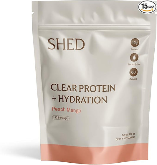 Clear Protein Powder with Electrolytes by Shed, 15g Whey Protein Isolate, Low Calorie and Lactose Free, Light and Clean Hydration Drink, Bloat-Free Post Workout Supplement, Peach Mango (15 Servings)