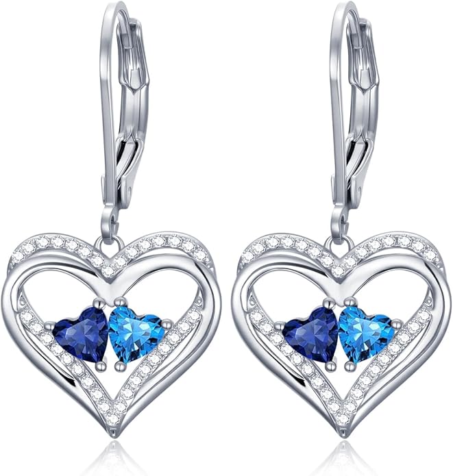 Valentines Day Gifts for Women, Heart Leverback Earrings Double Birthstone Dangle Earrings for Women, Love Jewelry for Her, Anniversary Birthday Gift for Mom Wife Girlfriend