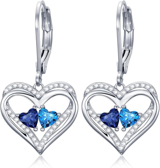 Valentines Day Gifts for Women, Heart Leverback Earrings Double Birthstone Dangle Earrings for Women, Love Jewelry for Her, Anniversary Birthday Gift for Mom Wife Girlfriend
