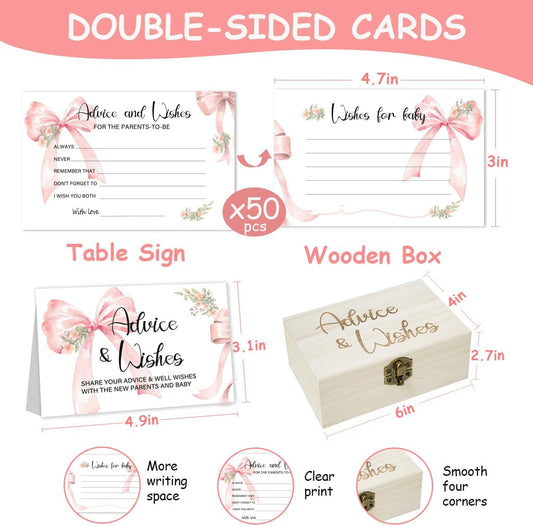 50Pcs Pink Bow Baby Shower Advice Cards for Baby Shower Games, Bow Advice and Wish Cards Box for New Parents Baby Shower Decorations Girl（Bow)