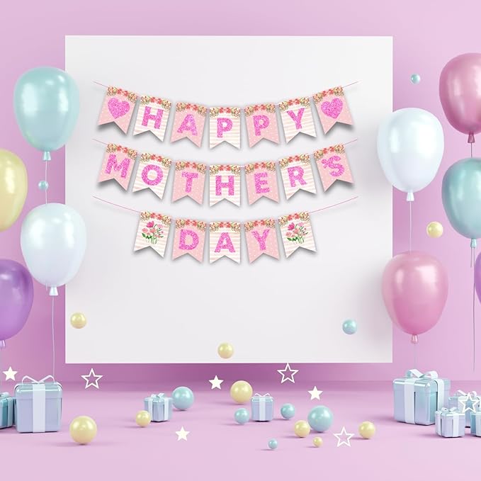 Happy Mother's Day Banner Set Decoration for Mother's Day Party Decorations Backdrop Garland for Mom Glitter Garland Photo Props (Pink Flower Heart)