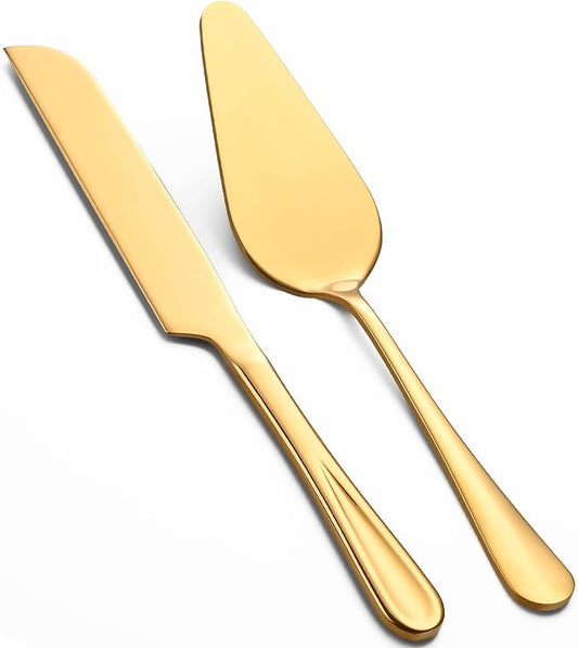 ERVILO Cake Cutting Set for Wedding, Pie Server, Stainless steel Wedding Cake Knife and Server set, Golden Cake Cutter for Birthday, Parties and Events (Gold Serving Set)