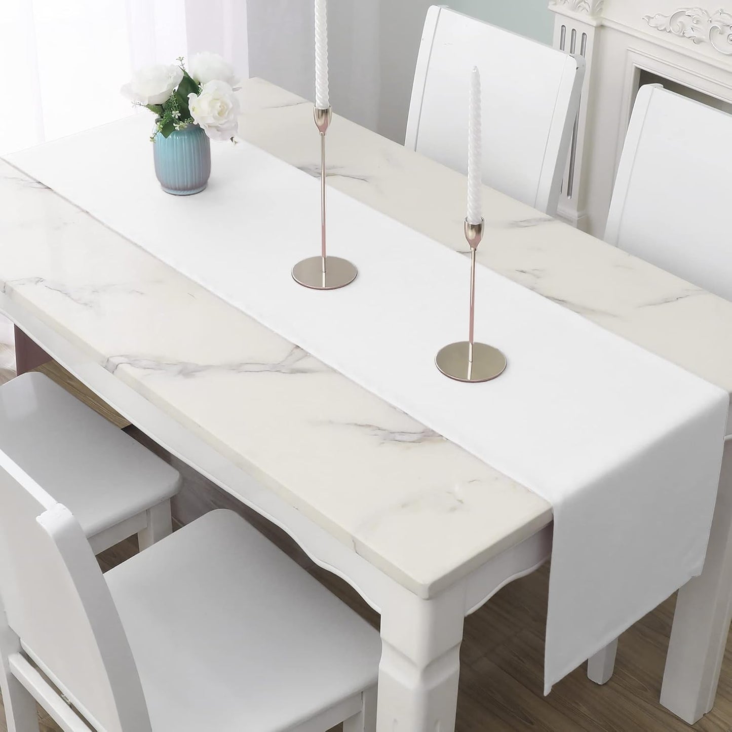 DUALIFE White Table Runner Table Runner 14x108 inch Solid Color Thick Polyester Decorative Cloth Handcrafted for Wedding Valentine's Day Birthday Shower Party 1 Piece