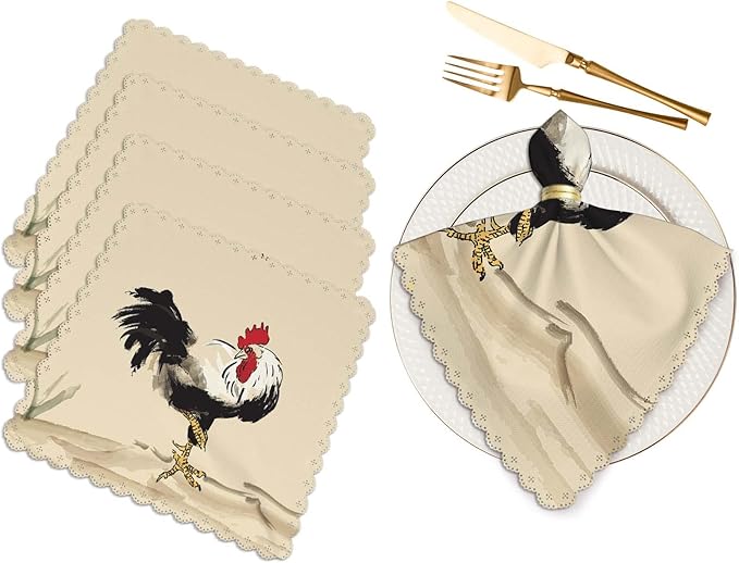 Yibeas Rooster Cloth Napkins Set of 4 Soft Chinese Ink Painting Black Feathers Chicken Male Cock Washable and Reusable Dinner Napkins for Weddings Parties 18 x 18 inch