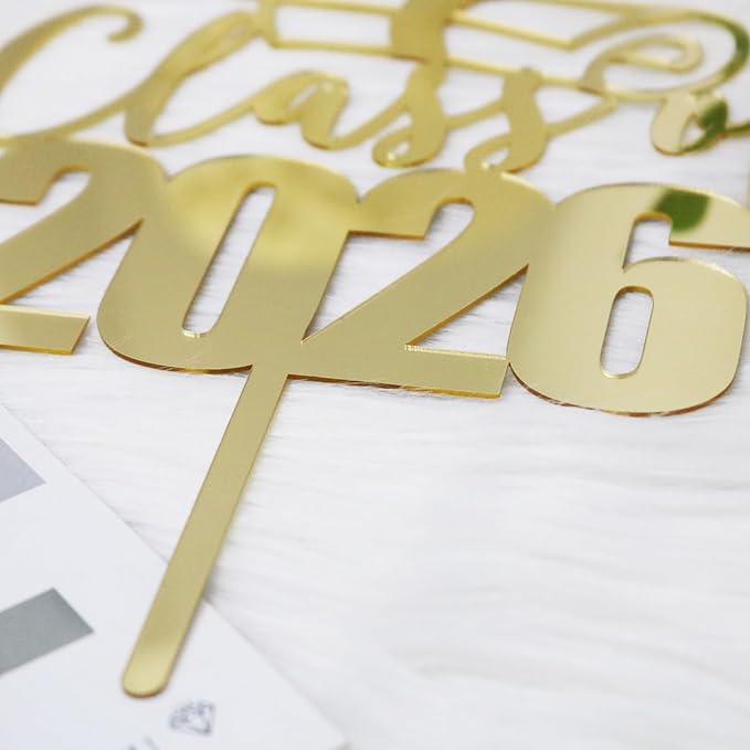 Mirror Acrylic Class of 2026 Cake Topper, Congrats Grad Cake Toppers - Gold Glitter Graduation Party Decorations