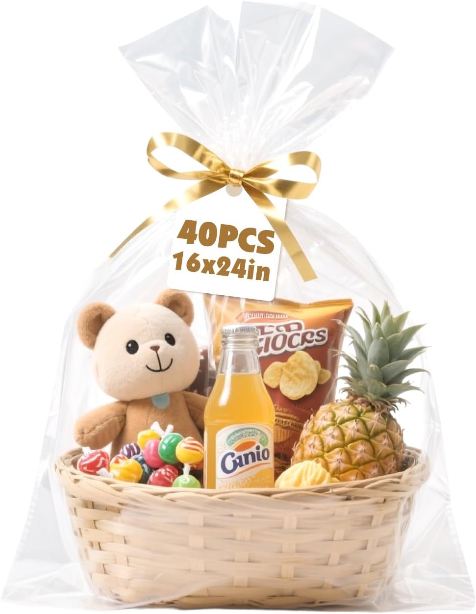 NUITPY 40 Pcs Cellophane Bags, 16 x 24 Inchs Cellophane Wrap for Gift Baskets, Durable Cellophane Gift Bag, Clear Basket Bag - Complimentary 40 Pcs Golden Twist Ties