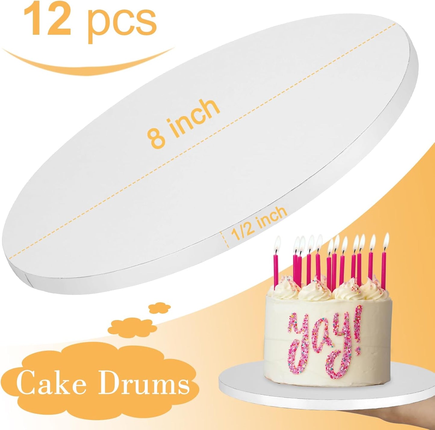 12 PCS Cake Drums 8 Inch, 8inch Drum, Cake Boards 8 Inch Round, 1/2" Thick Cardboard, Sturdy Circle, Base para Pastel Cardboard Base White Cake Boards for Wedding