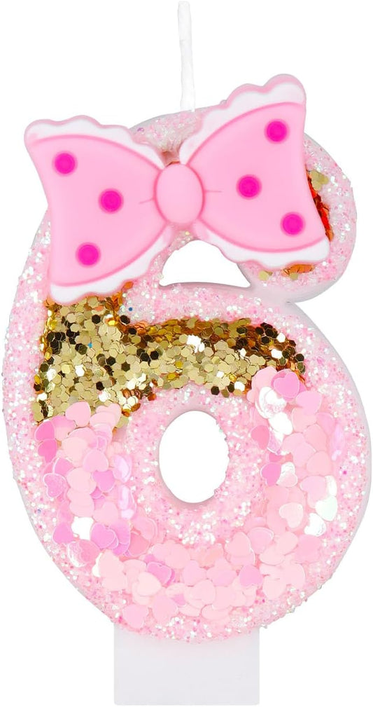 Girls' Pink 6 Number Birthday Candles - Gold Glitter Pink Number Candles with Bow - Happy 6th Birthday Party Decoration Celebration