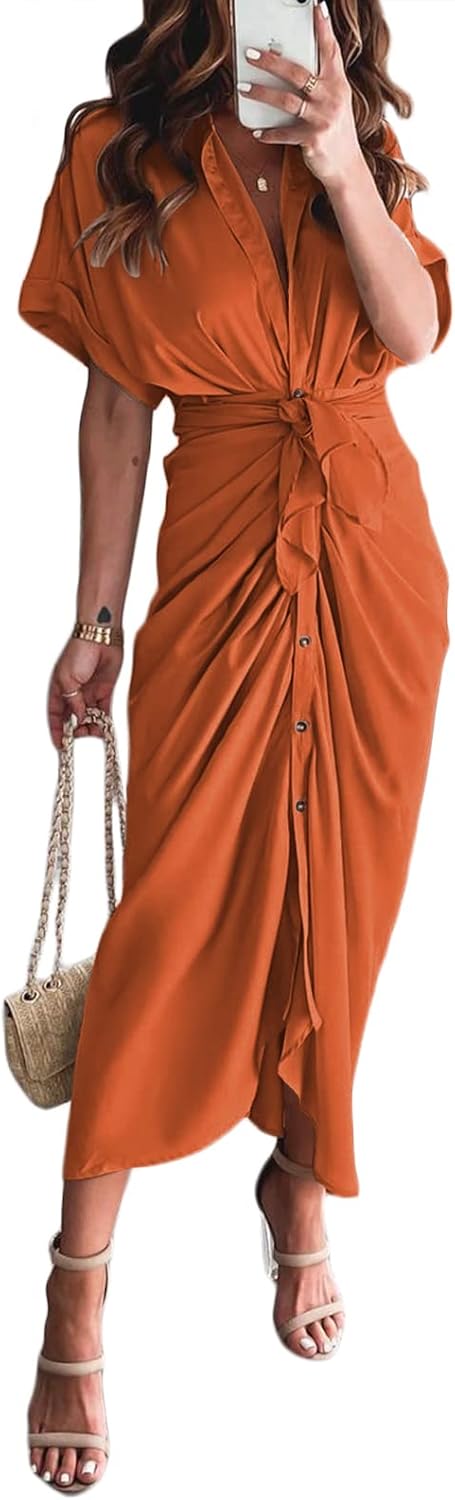 Women Elegant Satin Button Down Short Sleeve Maxi Shirt Dress with Belt
