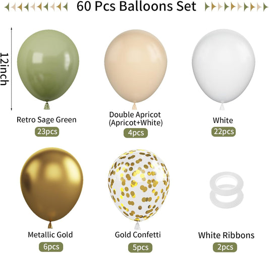 Green & Gold Balloons - 60 Pcs Sage Green & Apricot, 12 Inch Metallic Gold Confetti, Retro Green Latex for Baby Shower, Wedding, Birthday, Jungle Animal Theme Party Decorations