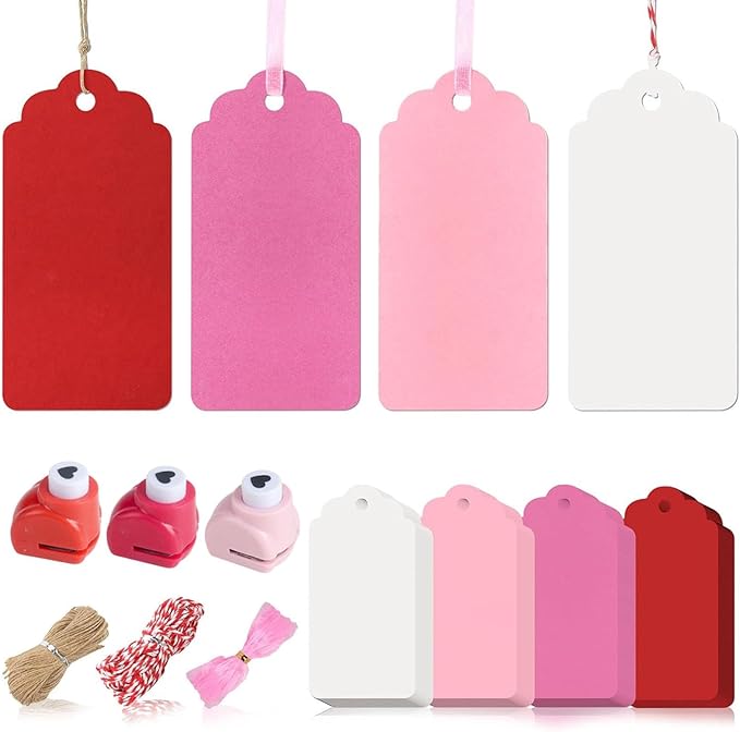 SallyFashion 200PCS Valentines Tags, 2x4 inch Gift Tags with String Attached Heart Hole Punch for Gifts Arts and Crafts Valentines Wedding Birthday
