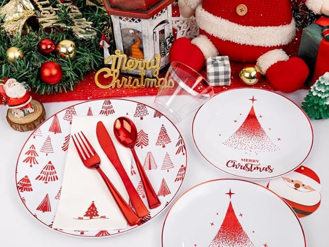 Nervure 175PCS Christmas Plastic Plates - White and Red Disposable Plates - Xmas Tree Plates Include 25Dinner Plate, 25Dessert Plate, 75Silverware, 25Cups, 25 Napkins for Christmas Party