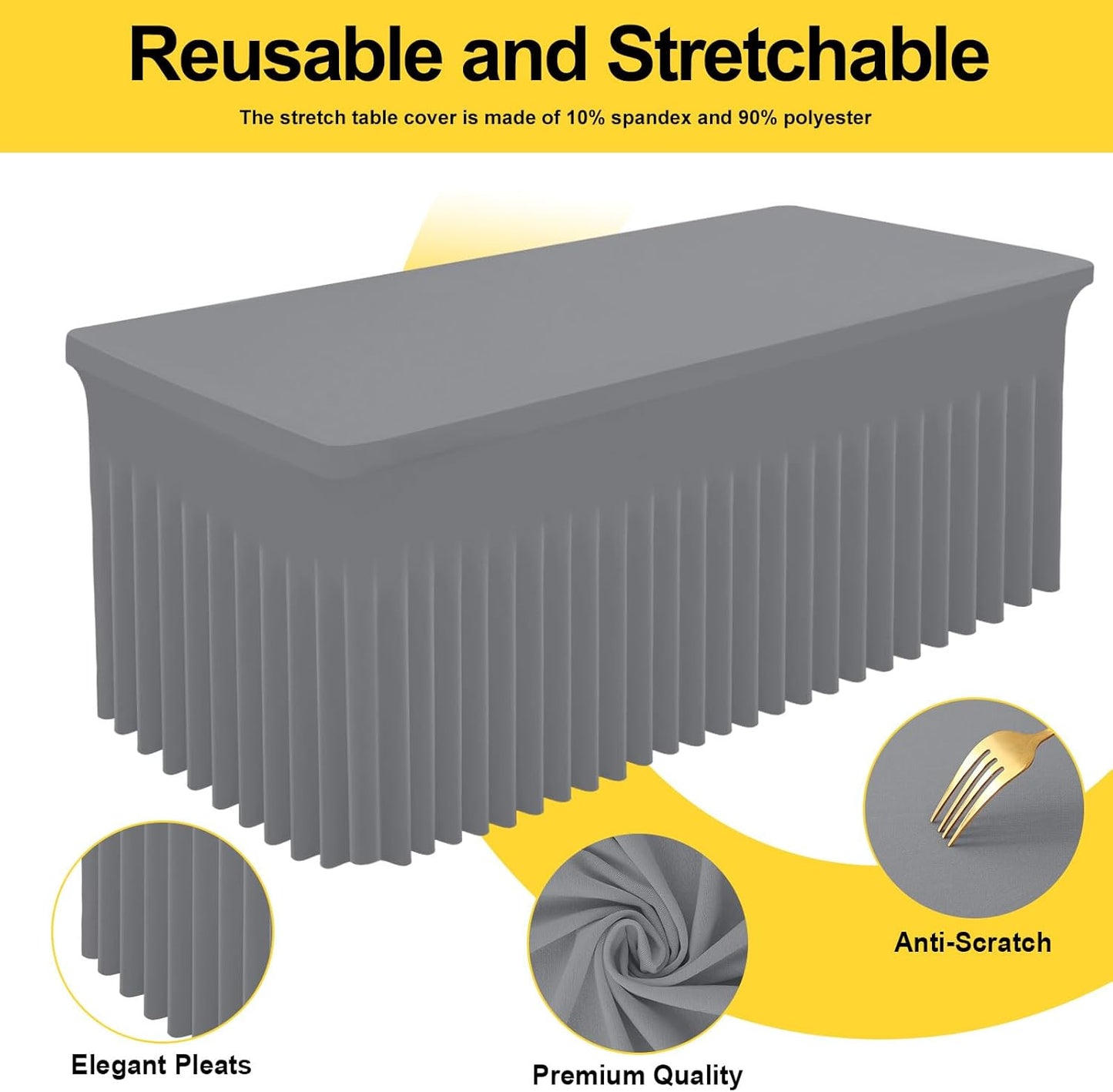 Smiry Spandex Tablecloth, Elastic Fitted Stretch Tablecloth for 8FT Rectangle Tables, Waterproof Washable Table Cover Skirt for Outdoor, Wedding, Banquet & Parties (Grey, 96Lx30Wx30H Inch)