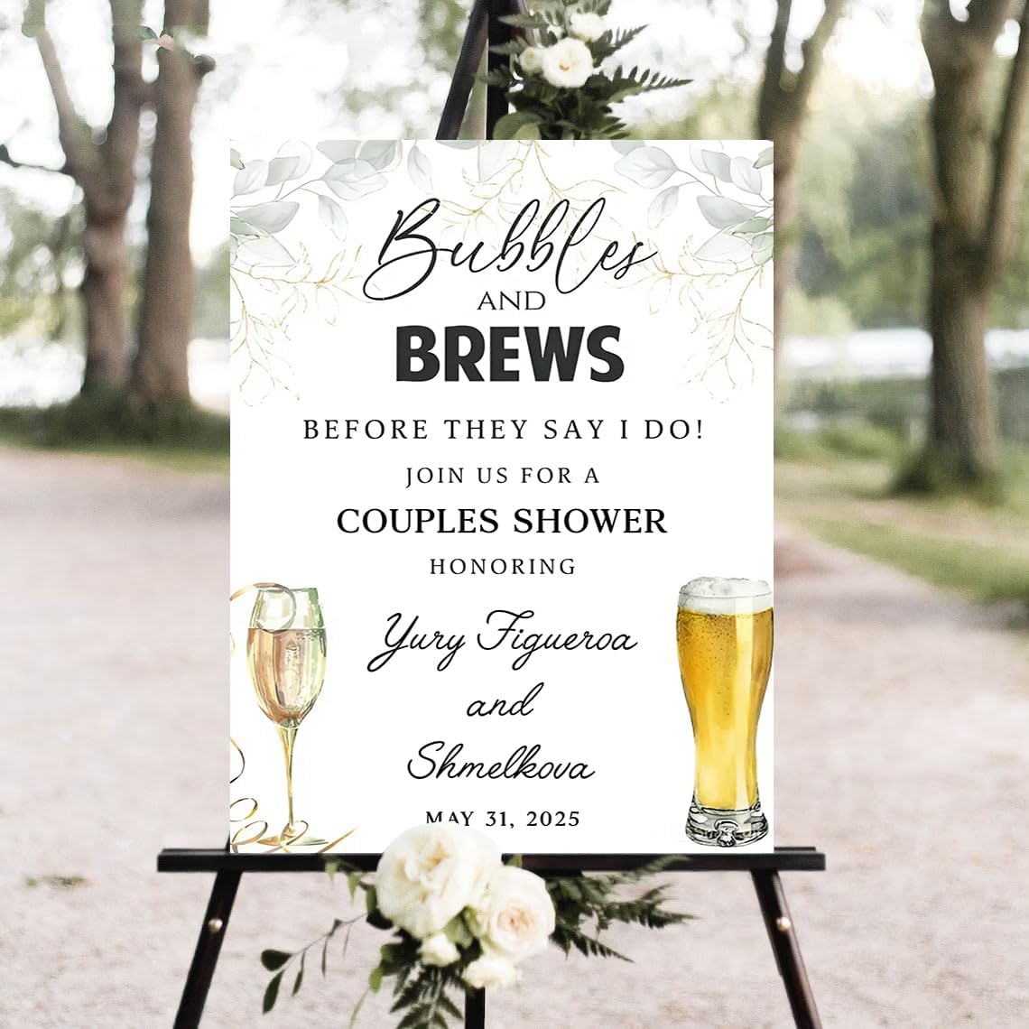 Personalized Greenery Eucalyptus Bubbles and Brews Couples Shower Welcome Sign, Gold Modern Minimalist Wedding Shower Bridal Party Decoration, Outdoor Plastic Sign Weatherproof #19