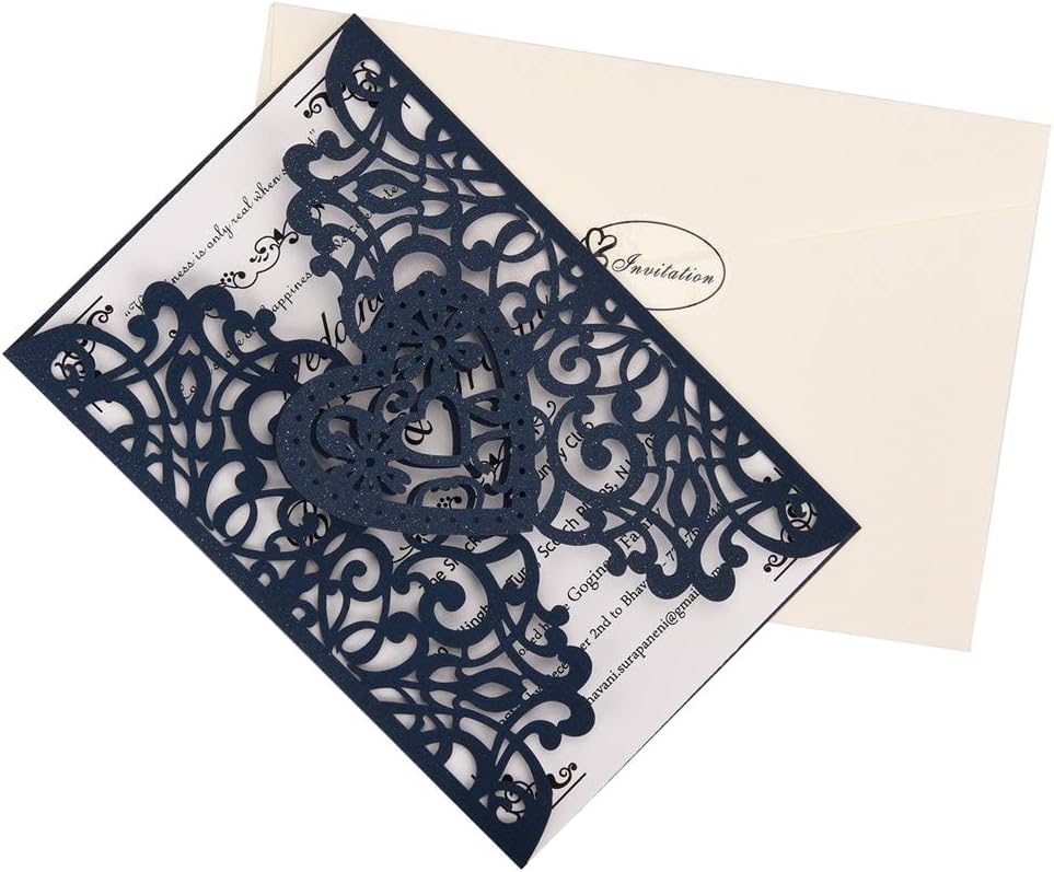 FOMTOR Laser Cut Wedding Invitations Kit 50 Packs Laser Cut Wedding Invitations with Blank Printable Paper and Envelopes for Wedding,Birthday Parties,Baby Shower (Navy Blue)