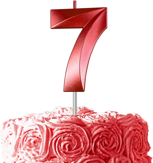 Red Number 7 Candles, 3D Diamond 2.76 Inch Cake Topper Birthday Candles for Wedding Anniversary Cake Decorations, Happy Birthday Party Decorations
