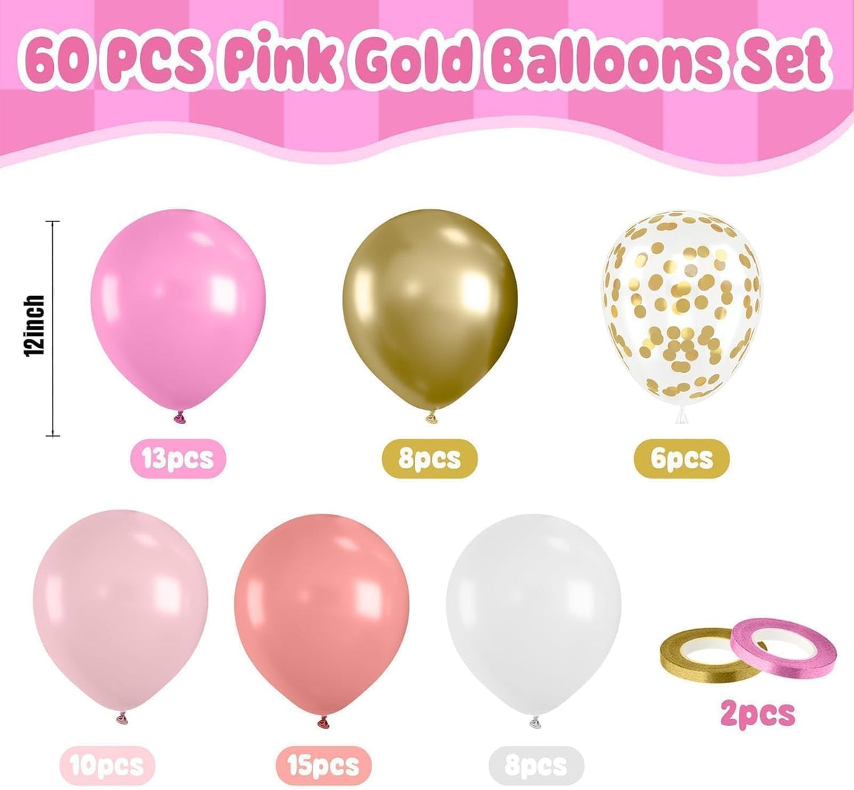 Paready Pink Gold White Balloons Set, 60 Pcs Metallic Gold Pink Balloons, 12 Inch Dusty Pastel Pink White Confetti Balloon For Boho Birthday Bridal Shower Bachelorette Party Supplies