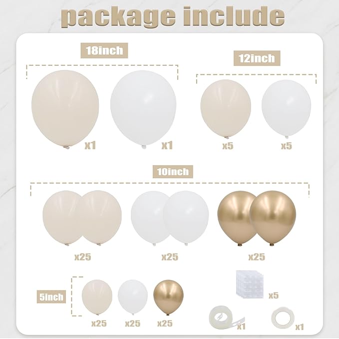 White Sand Gold Balloon Garland Arch Kit, 162PCS Neutral White Sand Chrome Gold and White Balloons for Baptism First Communion Boho Wedding Baby Shower Birthday Party Decorations