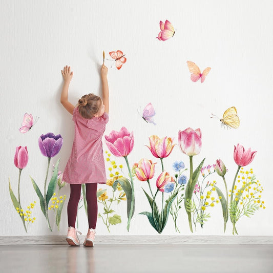 Tulip Flowers Wall Decals Watercolor Floral Butterfly Wall Stickers Colorful Flowers Wall Mural Removable Flower Peel and Stick Wall Art for Girls Bedroom Kids Nursery