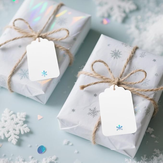 ASYEHJNR 100Pcs Blank Gift Tags with String Iridescent Foil Snowflake Large Gift Tags White Paper with 65 Ft Jute Twine Cute Tags for Christmas Xmas Holiday Winter Wonderland Gift Wrap Tags