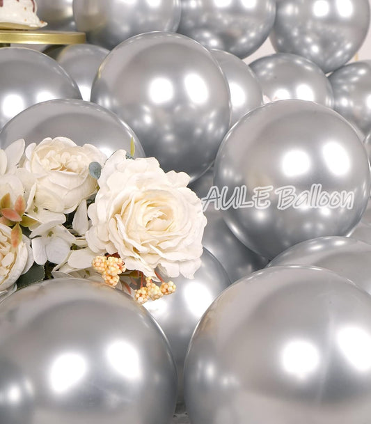 AULE Metallic Silver Balloons 5 inch 50 Pcs Silver Latex Balloons Chrome Helium Shiny Thicken Balloon Perfect Party Decoration for Wedding Birthday Baby Shower Graduation Christmas Carnival